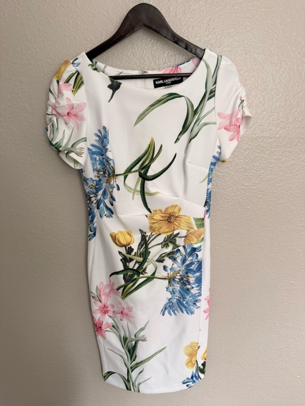 Karl Lagerfeld White Floral Midi Dress with Pink, Blue & Yellow Blooms